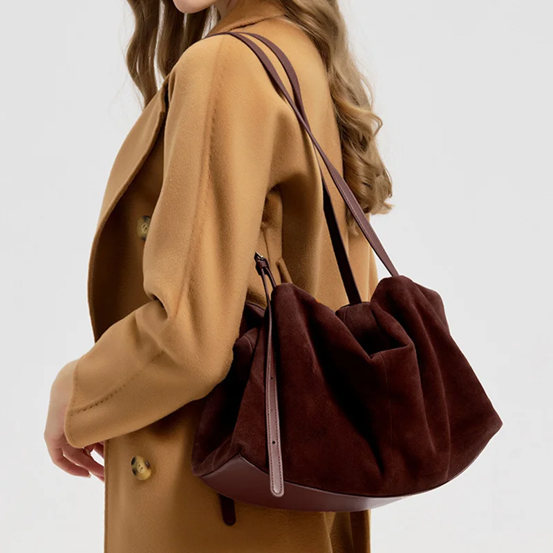 Genuine Cow Suede Soft Slouchy Hobo Bag Large Capacity Shoulder Tote Handbag with Adjustable Thin Leather Strap Minimalist Purse
