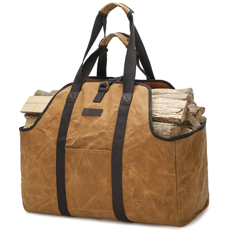 Large Camping Firwood Wood Bag Durable Canvas Log Carrier Tote Storage Bag with Reinforced Handles for Fireplace BBQ Farmhouse