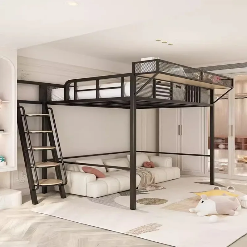 

Wrought iron elevated sheet Upper Lower empty space saving household second floor suspended Attic bed High and low bed