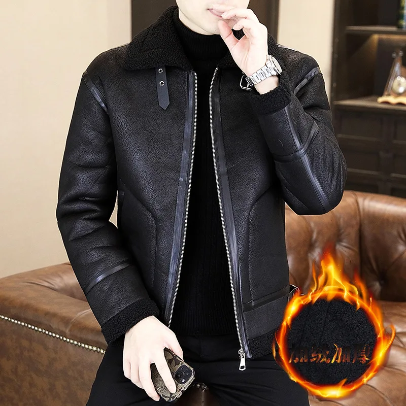 men's imitation fur integrated color matching leather jacket, stand-up collar   PU leather, slim locomotive, velvet leather