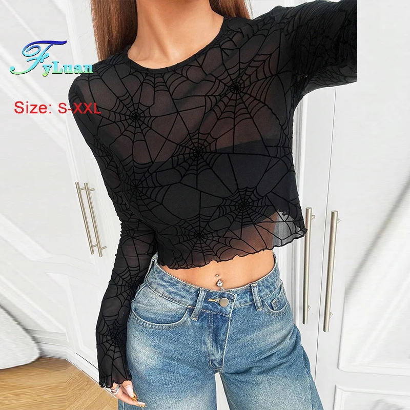 New Women's Long Sleeve T-Shirt Elegant Black See-Through Spider Web Female Top Slim Round Neck Flare Sleeve Base Layer T-Shirt
