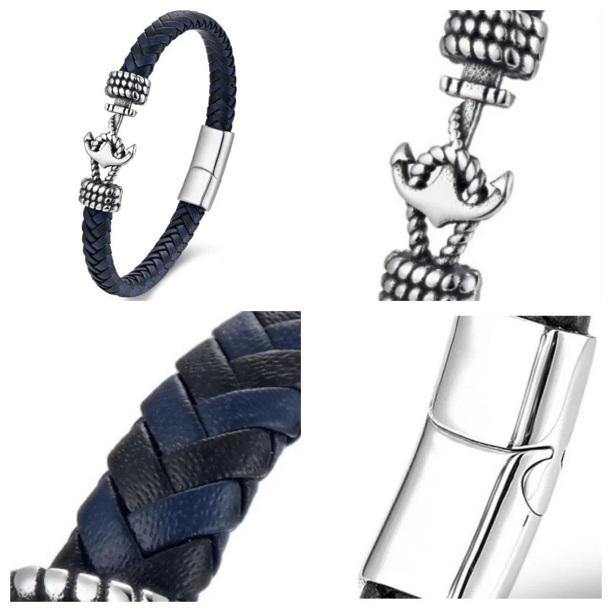Men's 8mm Woven Genuine Leather Bracelet with Stainless Steel Boat Anchor Knitted Blue/Black Accessory for Wrist