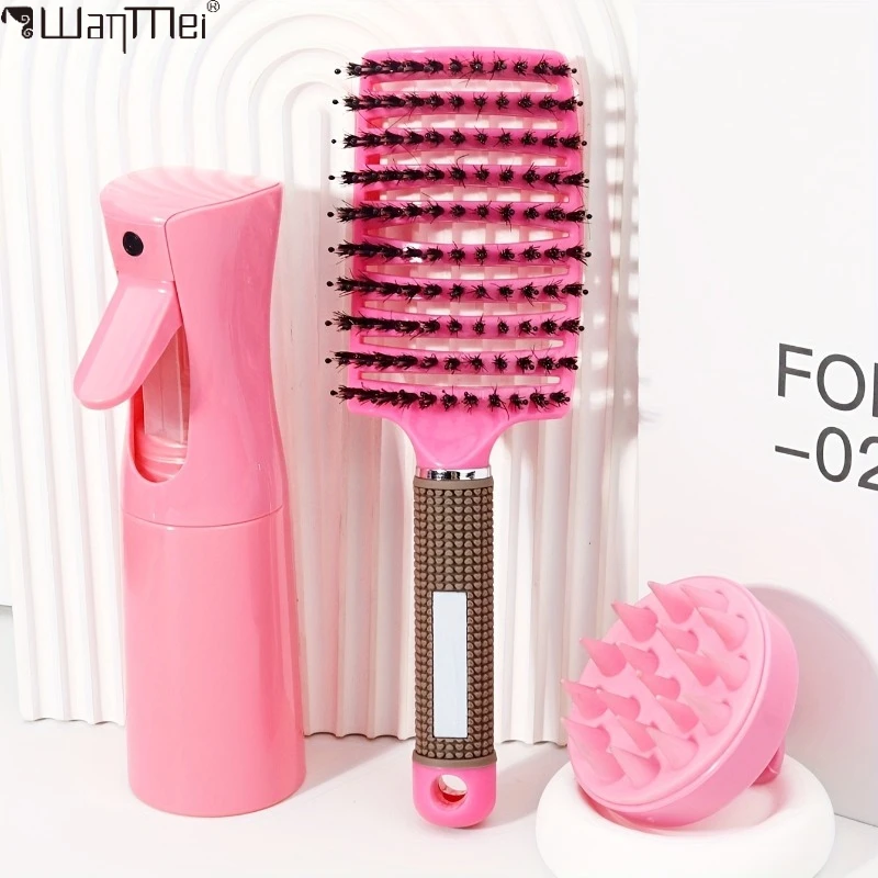 

3Pcs Hair Styling Set - Detangling Brush, Scalp Massager & Continuous Spray Bottle for Hair Care & Styling