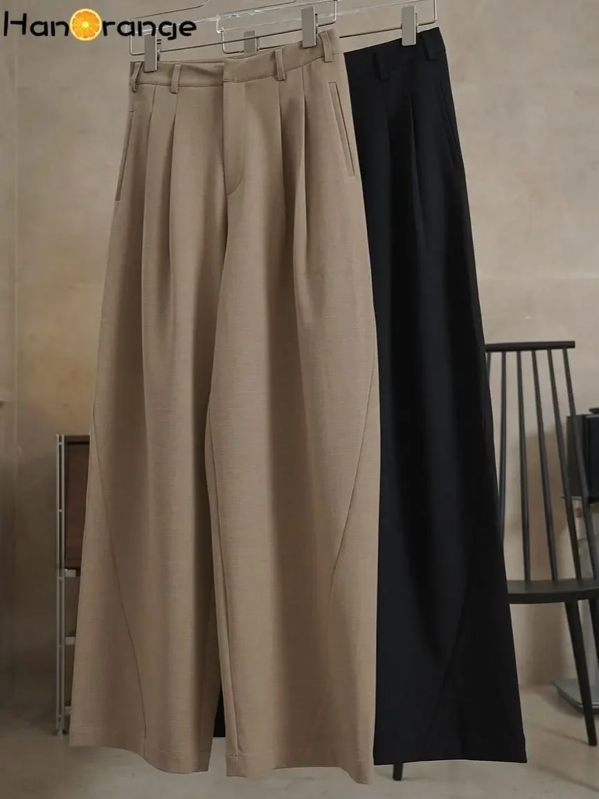 HanOrange 2026 Summer High Waist Wide Leg Pants Women Loose Silhouette Texture Casual Trousers Female Black/Khaki Brown