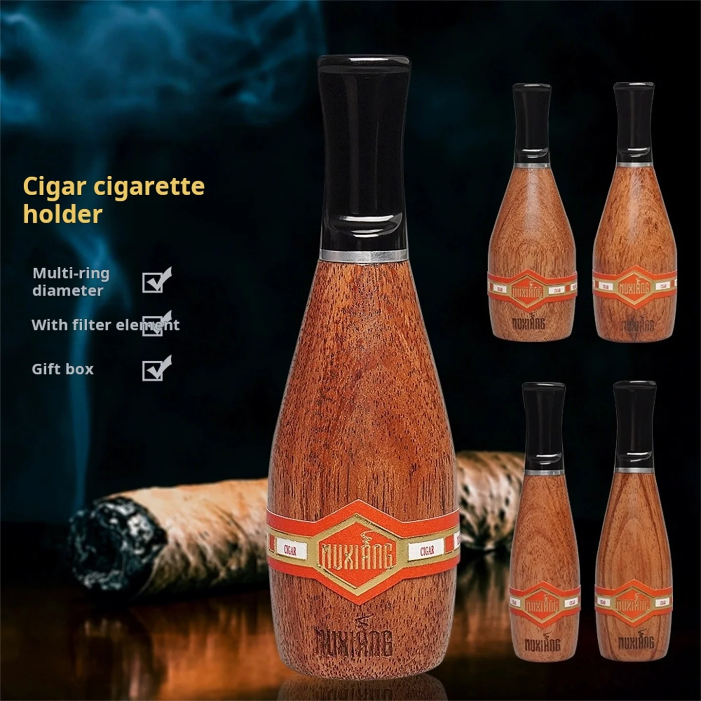 10 Pieces / Lot O-Shaped Cigar Holder Rosewood Acrylic Cigar Tip Mouthpiece 9MM Activated Carbon Filter Smoking Accessories