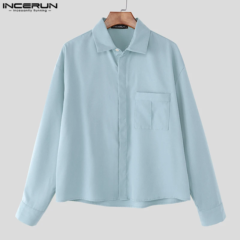 

INCERUN Мужская повседневная рубашка, однотонная рубашка с лацканами и длинными рукавами на пуговицах, мужская одежда, уличная одежда, свободные модные мужские укороченные топы 2025, рубашки