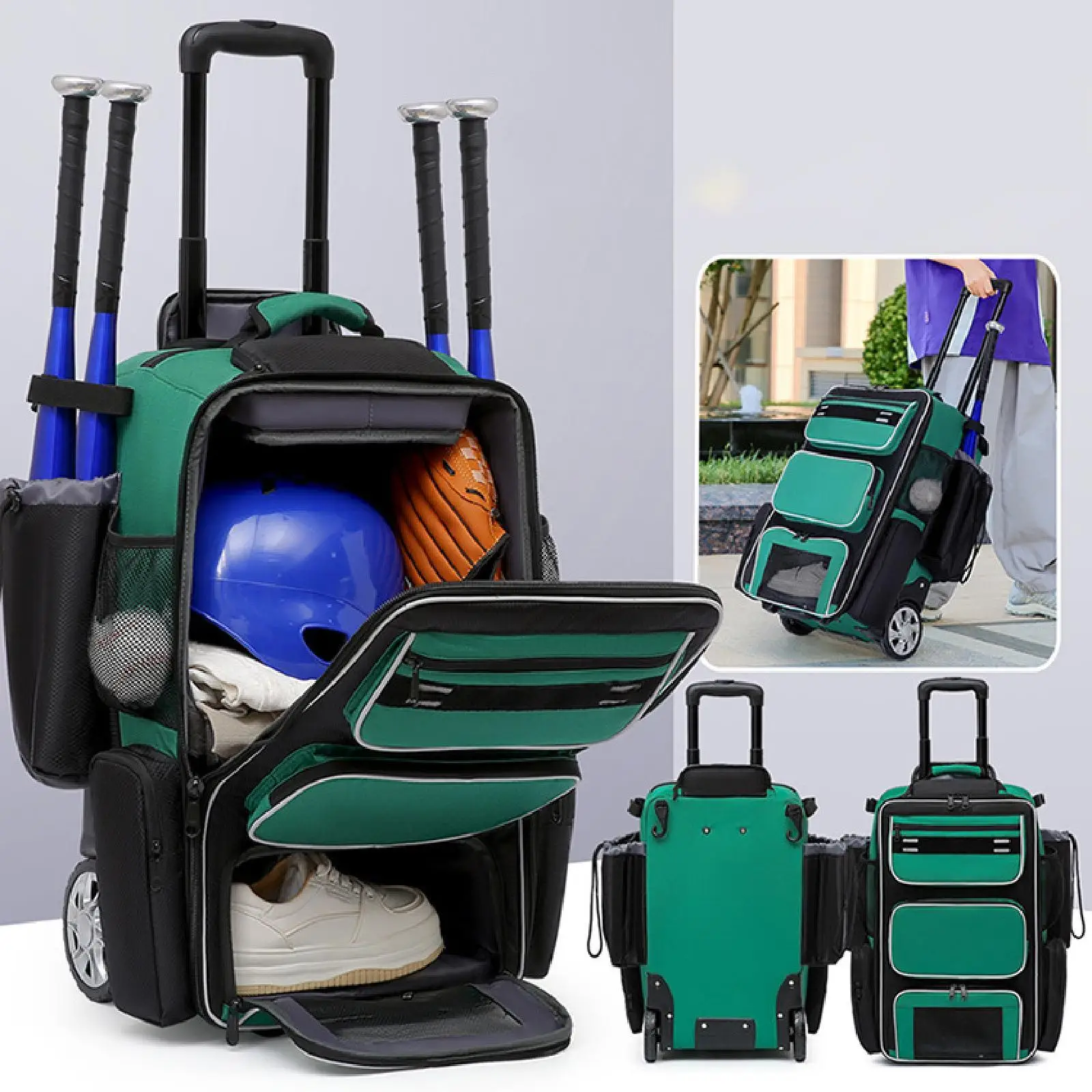 

Rolling Baseball Bag with Wheels Equipment Bag Sports Silent with Shoe Compartment for Training Gym Helmet Traveling Adults