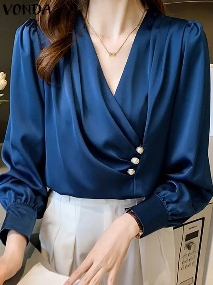 VONDA 2024 Summer Fashion Women Blouse Long Puff Sleeve Satin Elegant Shirts Casual Solid Sexy V-Neck Loose Pleated Tunic Tops