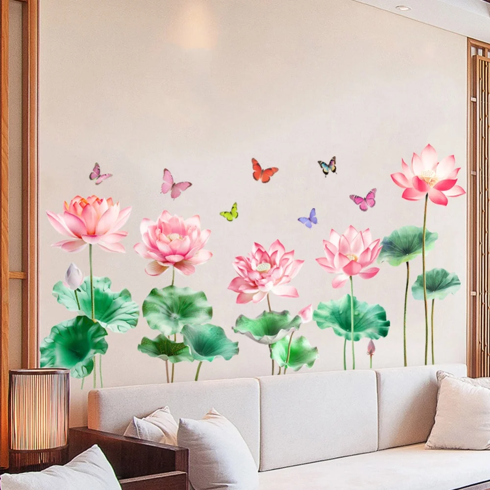 

Waterproof Lotus Dragonfly Wall Decals Chinese Traditional Style Flower Leaves Stickers for Home and Office Decor