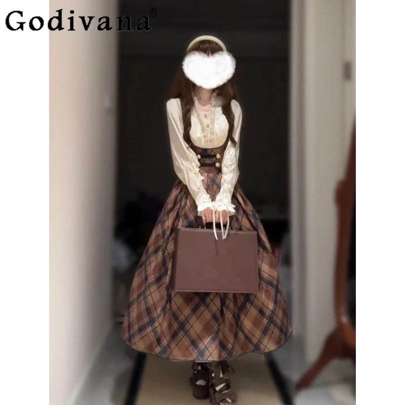 

Female Lolita Set Plaid Waist Strap Long Dress Lace Up Tie Sleeve Shirt Two Piece Suit Women's Japanese Style Sweet Outfits