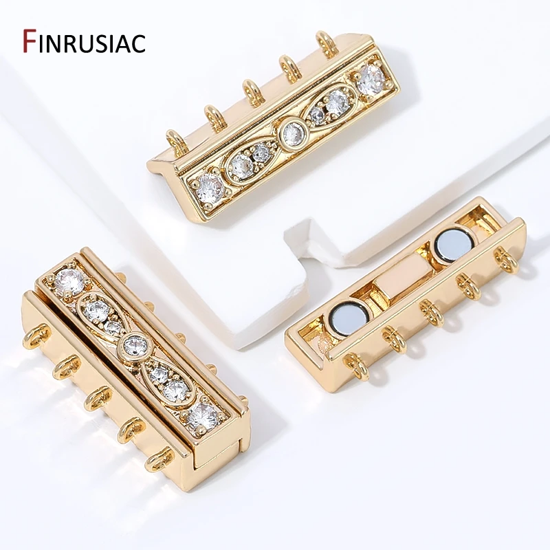 14K Gold Plated Brass Multi-Strands Magnetic Clasps,Zircon 5-Rows Layered Connector Clasps For DIY Jewelry Making Accessories