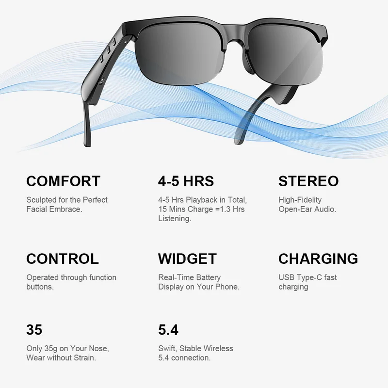 Smart Glasses Earphones With Audio And Voice Call Functionality For Outdoor Travel Convenience In Making Calls And Listening