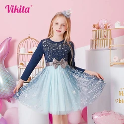 VIKITA Christmas Dress for Girls Sequins Princess Dresses Kids Lace Mesh Ball Gown Elegant Vestidos Girls New Year Blue Dress