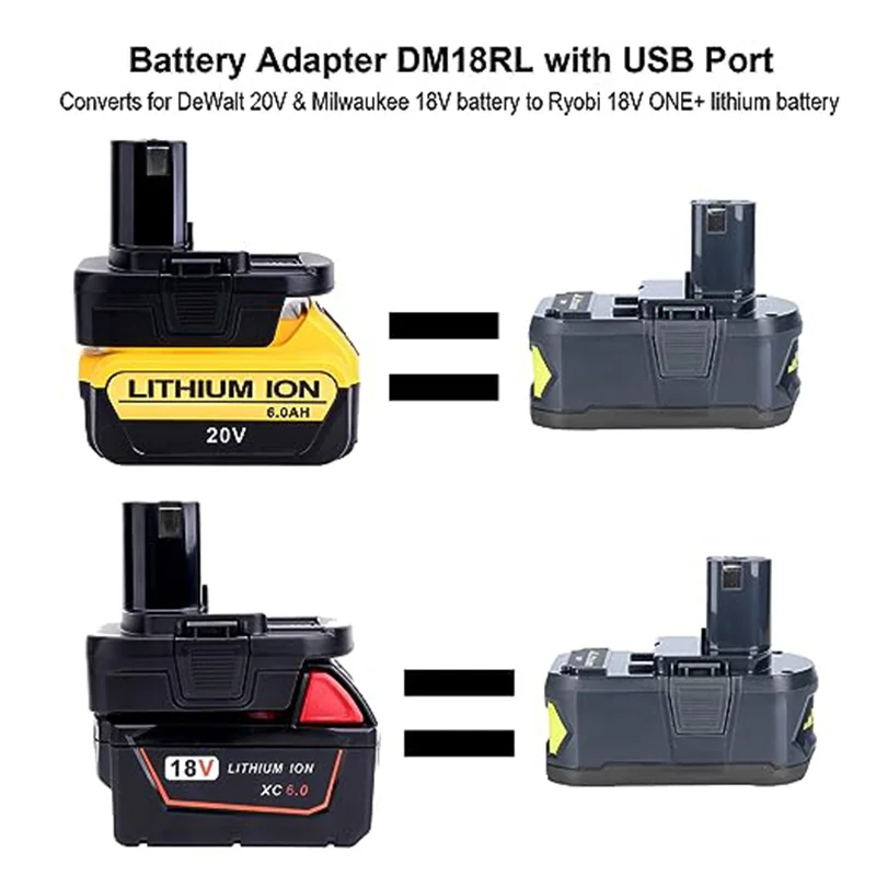 DM18RL 20V Battery Adapter for Ryobi 18V Tools, Convert DeWalt 20V Lithium Battery &Milwaukee 18V Lithium Battery to Ryobi 18V