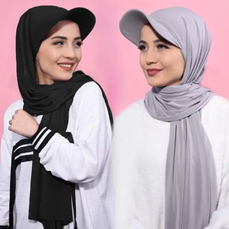 

New Baseball Head Cap Hijab Solid Chiffon Shawl Cap Muslim Women Instant Scarf
