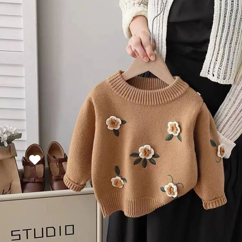 

Girls Sweaters Coat Three-Dimensional Floral Knitted Sweater Jacket Autumn Winter Baby Girl Clothes Korean Kids Clothing 2-8Yrs