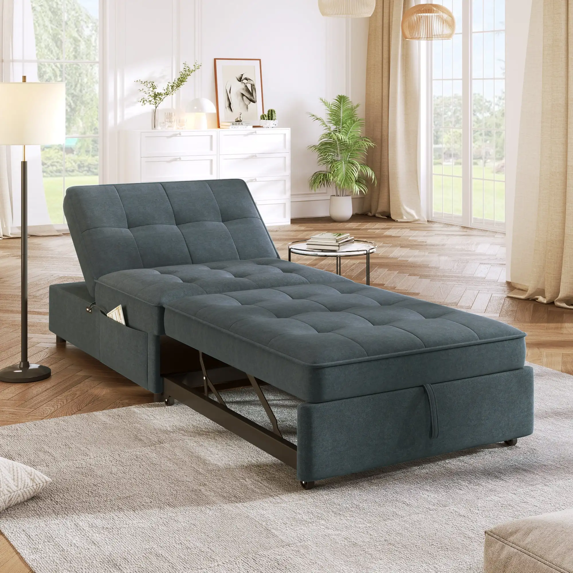 

Modern Linen Convertible Ottoman Sofa Bed,Made with breathable linen fabric and high-density sponge
