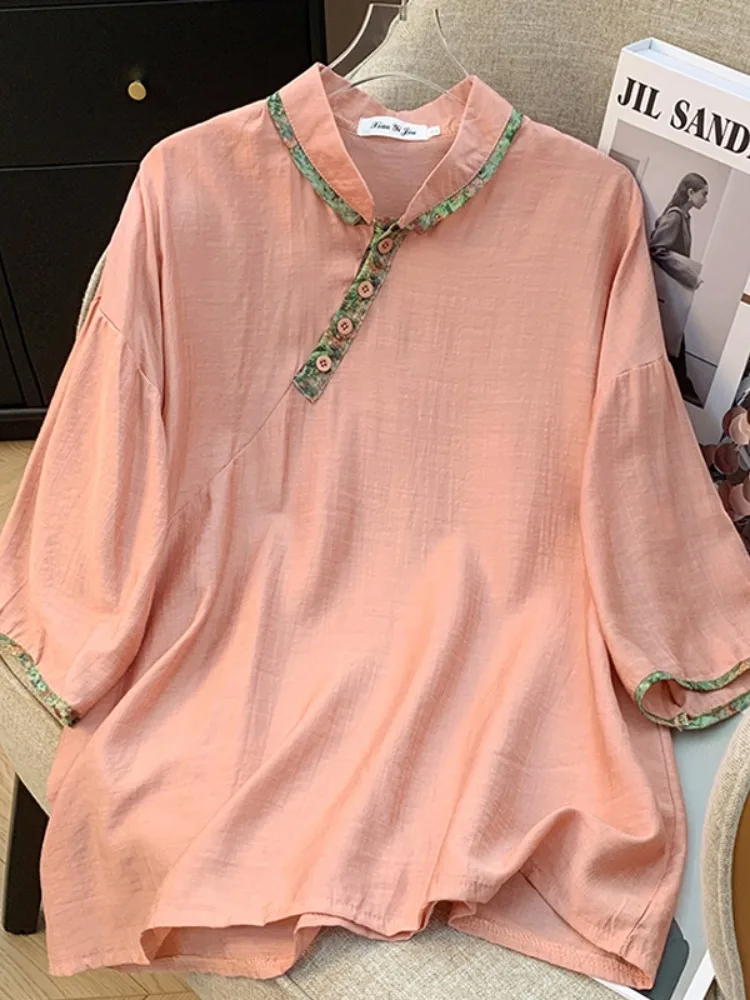 

Summer New Cotton Linen Casual Versatile Semi-High Collar T-irt Overhead Women's Top Sweet Sle Loose Fit Long Sve