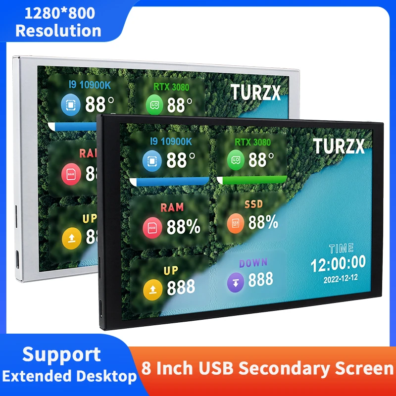 

TURZX 8-дюймовый IPS USB дополнительный экран 1280*800 ЖК-дисплей CPU GPU RAM Компьютерный монитор Поддержка расширенного настольного компьютера для Windows 10 11