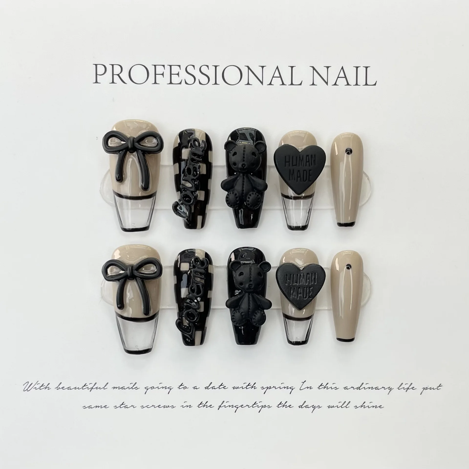 

10pcs Handmade Press on Nails Checkerboard Pattern and Bear Hearts Fake Nail for Women&Girls Removable Wearable False Nail