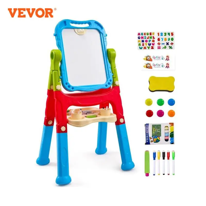 VEVOR Caballete de arte para niños, caballete de arte para niños 2 en 1 de doble cara con pizarra magnética y pizarrón, tablero de dibujo ajustable, giratorio y extraíble con accesorios de pintura para niños y niñas