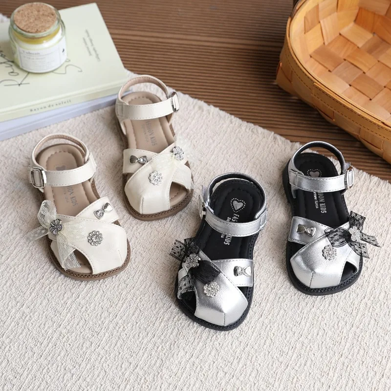Mumoresip Children Closed Toe Sandals Summer Little Girls Rhinestone Dress Shoes Lolita Wedding Party Kids Cut-outs Flat Sandals