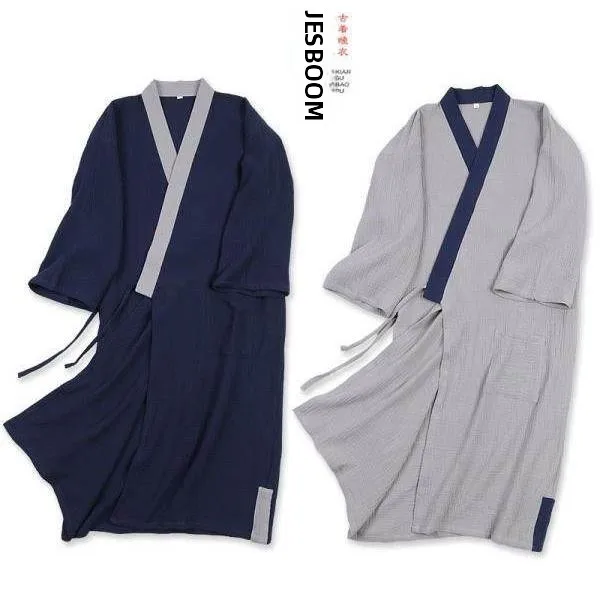 summer-cotton-pajamas-home-clothes-sleepwear-large-size-bath-robe-color-block-tea-ceremony-zen-thin-style-men's-home-clothes