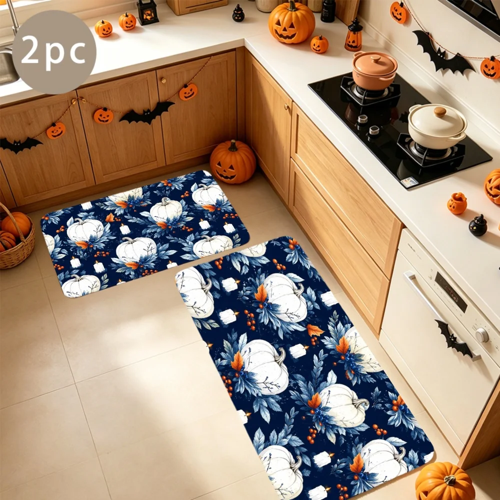 1/2/3pcs Kitchen Rugs, Welcome Door Mat Set, Home Halloween Decoration for Front Door, Kitchen, Bathroom, White Pumpkins Blue Leaves Orange Berries on Navy Background Dining Mat, Housewarming Party Gift