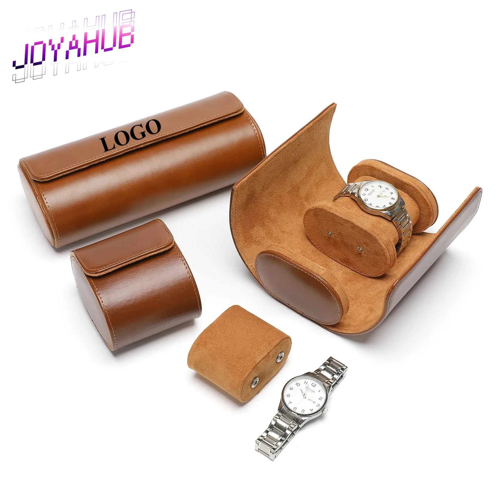Customized LOGO High End Portable Genuine Leather Watch Box Head Leather Dark Brown 1-2-3 Position Travel Watch Storage Box Gift