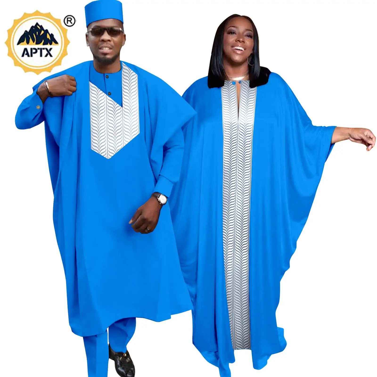 African Dresses for Women Abaya Matching Men Outfits Muslim Robes Top and Pants Cap Sets Bazin Riche Couples Clothes YT23C003