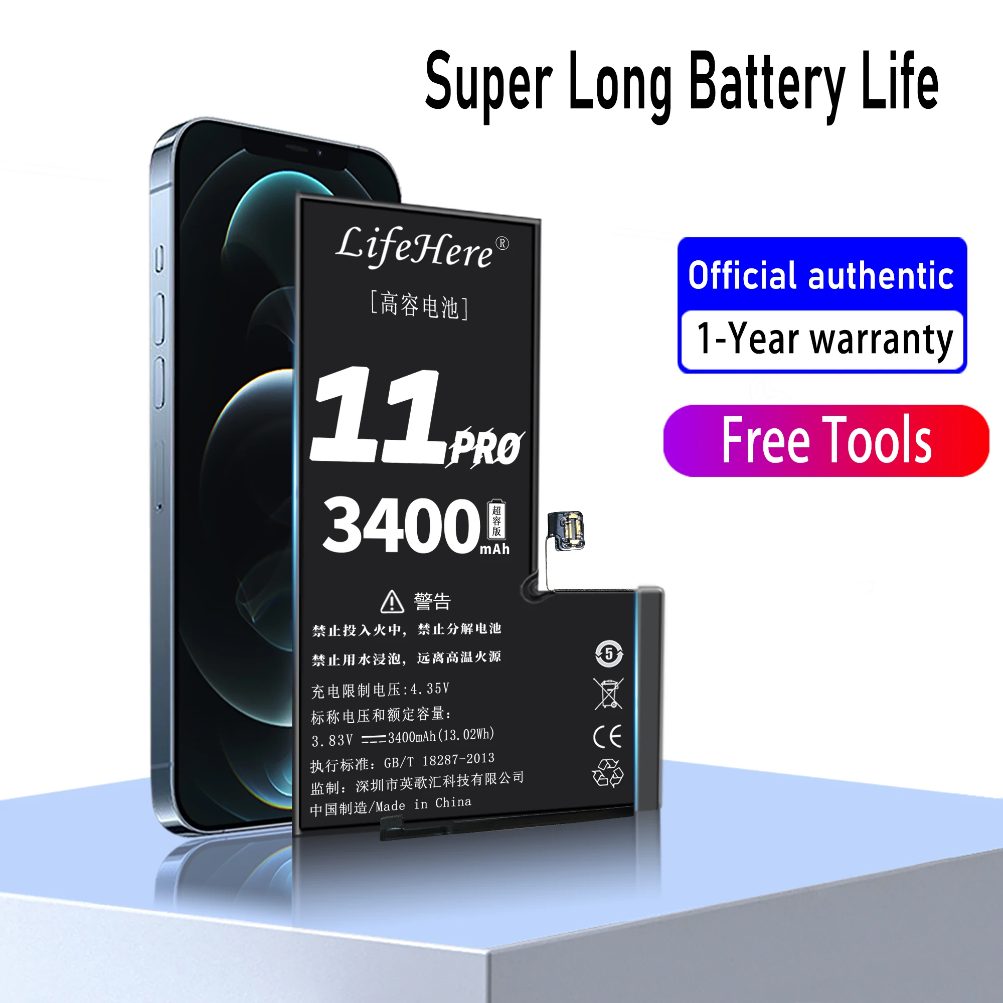 

2025 YEARS lifihere High Quality 100% New Battery For iPhone 11 Pro 3400mah Battery+Free Tools