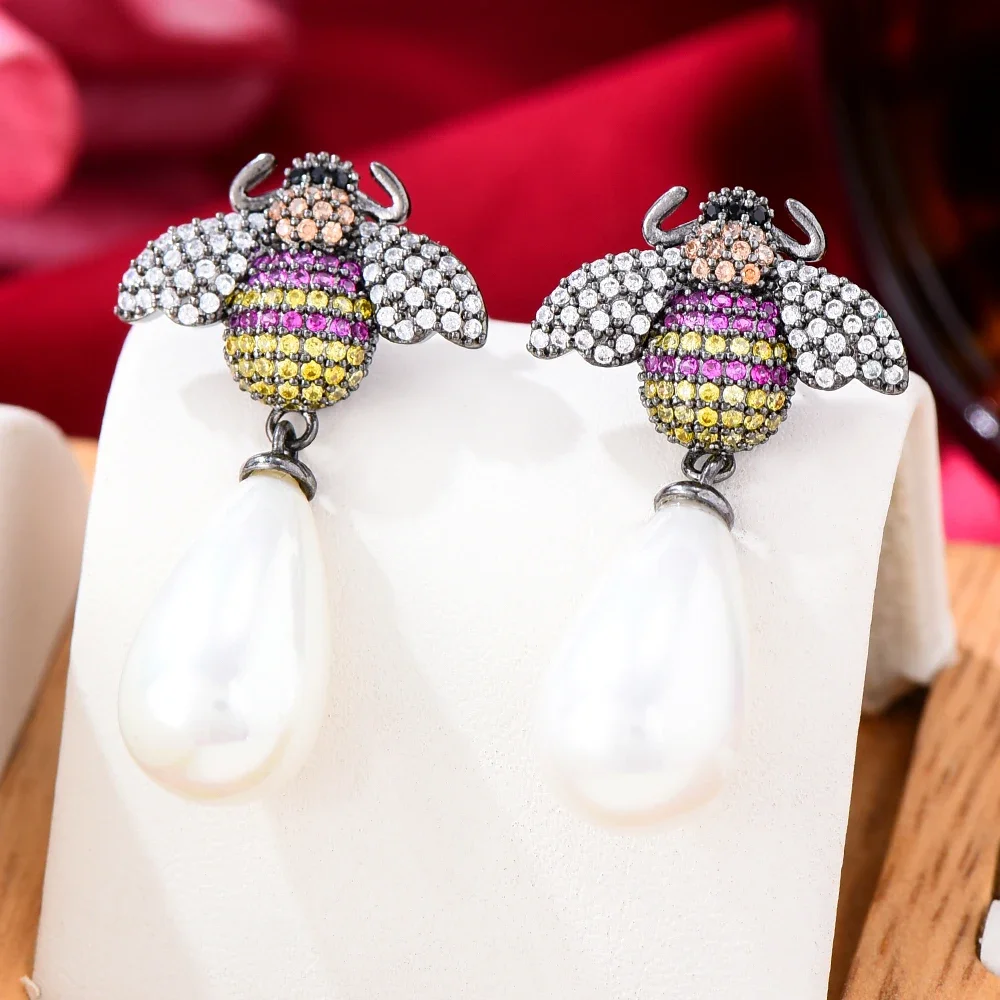 

Missvikki MAXI African Bee Pearl Drop Pendant Earrings For Women Wedding Party CZ Dubai Bridal Earring boucle d'oreille 2022