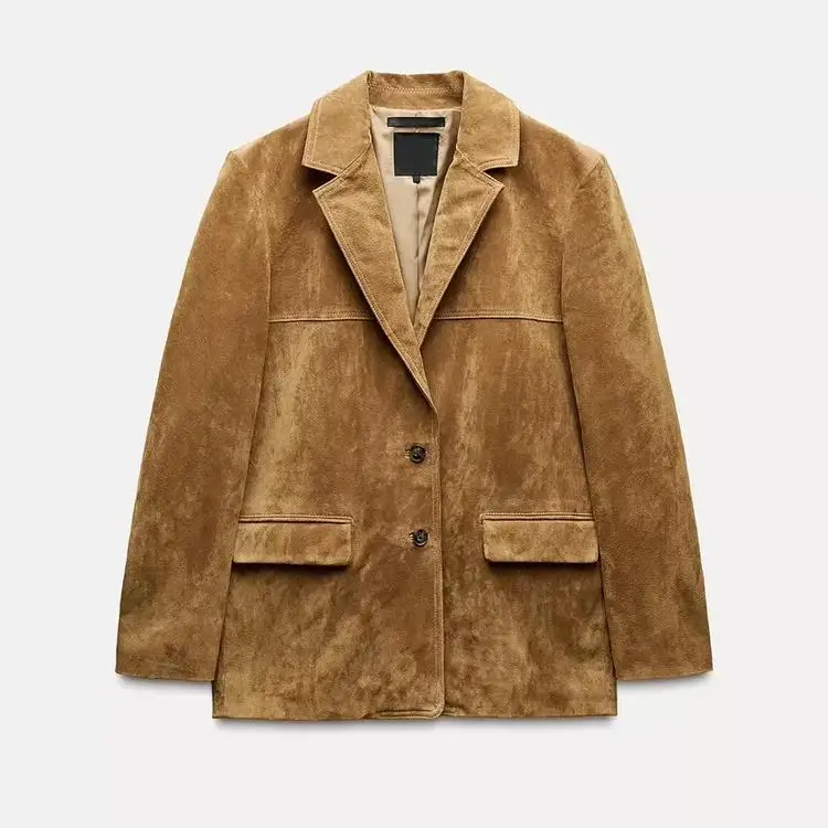 سترة نسائية كاجوال بأكمام طويلة وياقة مسننة من الجلد الصناعي، تصميم مستقيم الساق، إصدار جديد للخريف والشتاء، أزياء عملية #5