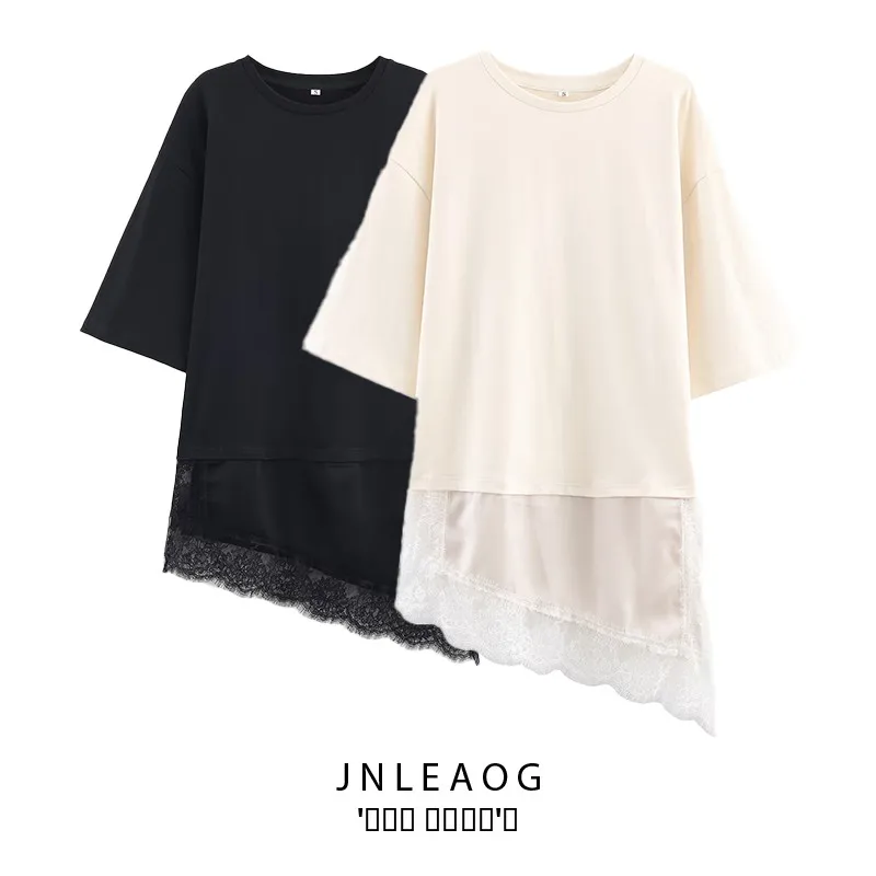 

Faionable Street Sle кружевная лоскутная футболка женская приталенная длинная све круглая Ne стандартной длины из полиэфирного волокна