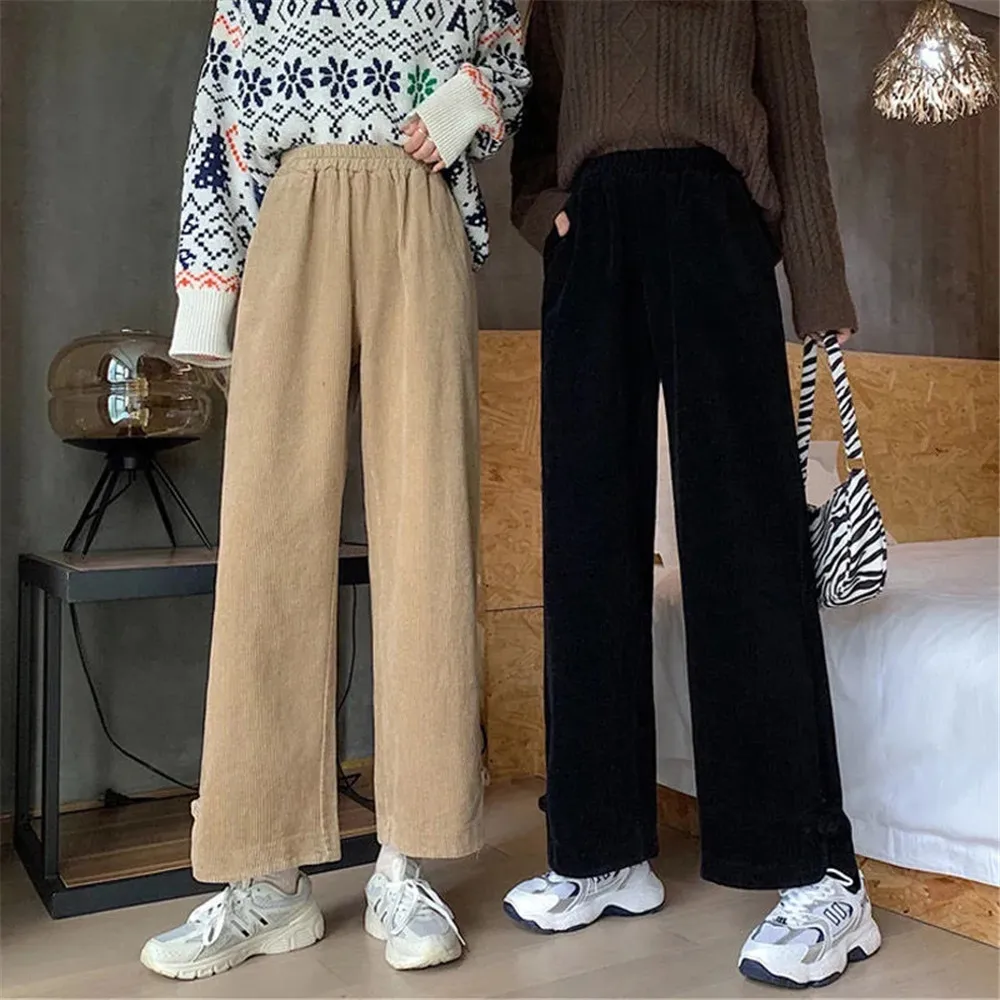 Vintage Corduroy Black Wide-Leg Pants Female Students Autumn 2022 New Korean Loose All-Match Casual Straight Nine-Point Pants