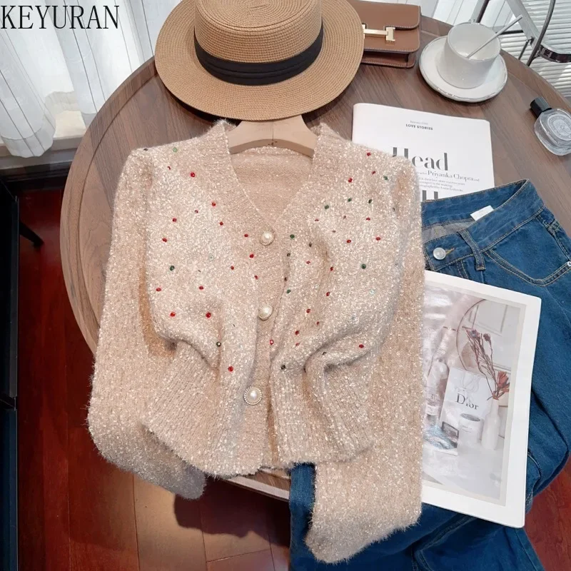 Autumn Winter Color Diamonds Mohair Sweater Jacket Women\'s Korean V-neck Long Sleeve Single Breasted Knitted Cardigan Coat Mujer