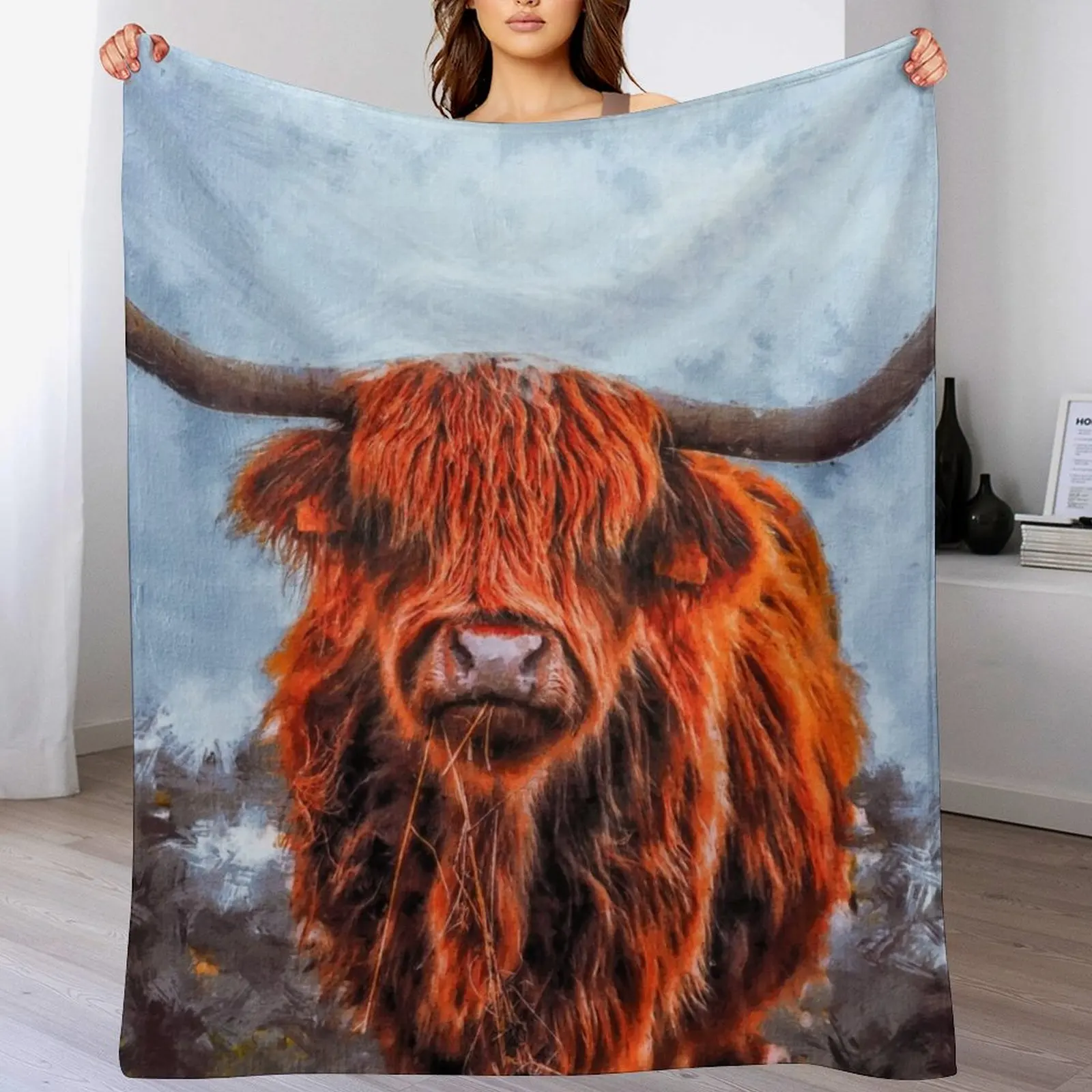 Scottish Hairy Highland Cow painting, Cute Highland Cattle Calf, Highland Cattle Cow Oil Paint, Cute Cow Throw Blanket