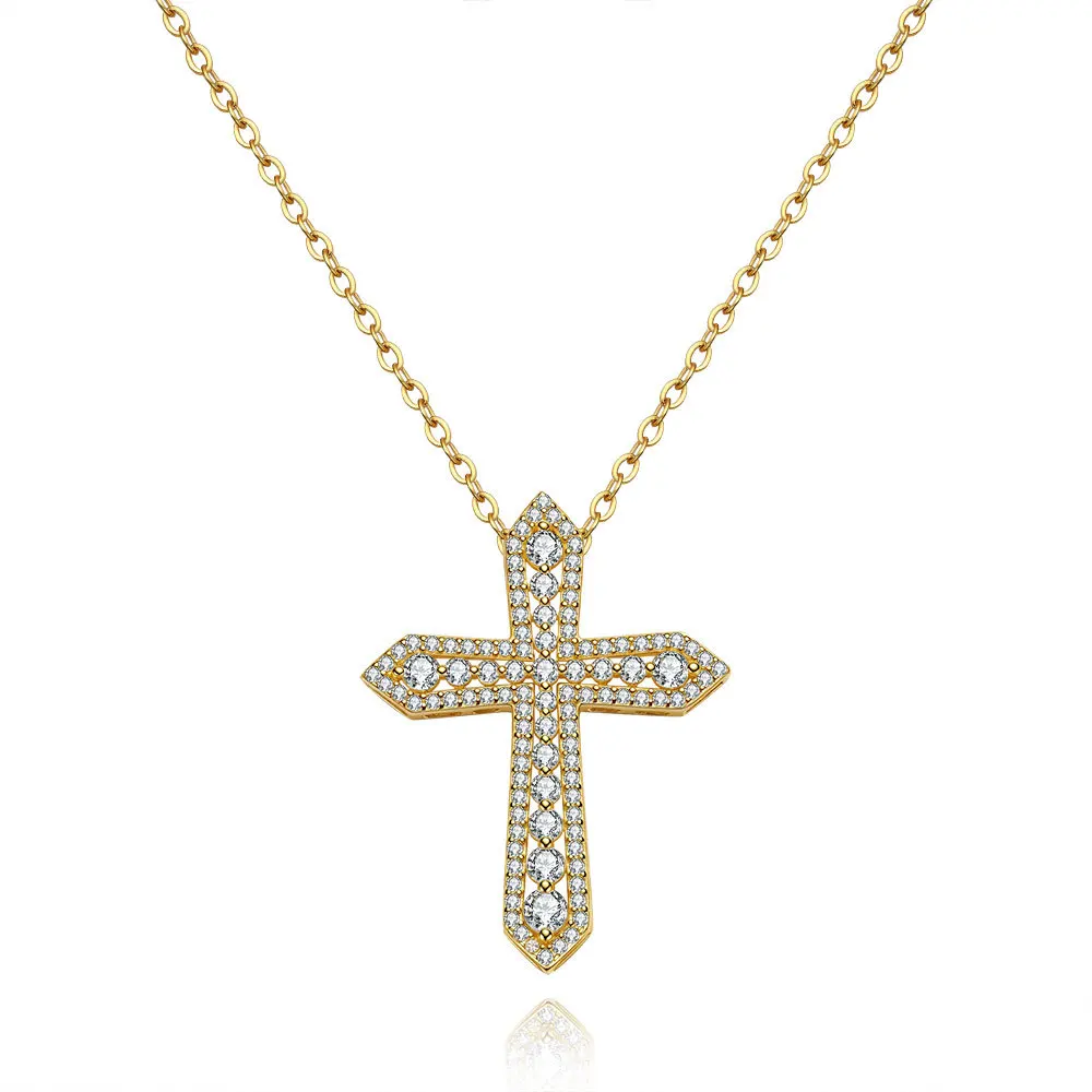 

S925 Sterling Silver 24K Gold Plated Fashion Full-Paved 2.2CT Moissanite Cross Necklace - Edgy European-American Style