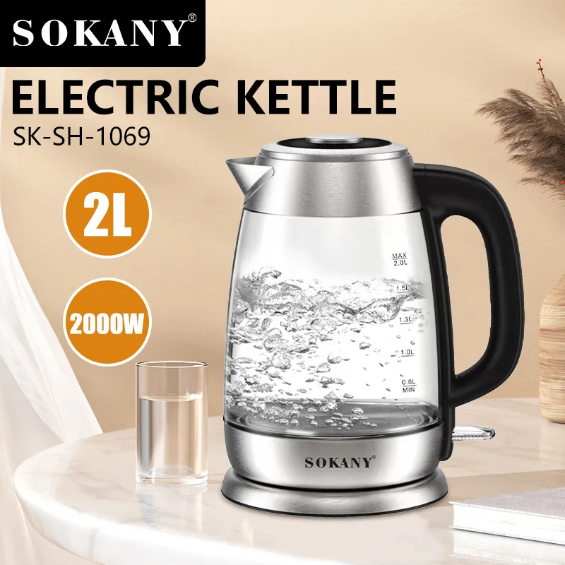 Electric Kettle with Stainless Steel Heater 2L Glass Tea Kettle 2000W Hot Water Boiler LED Indicator Auto Shut-Off