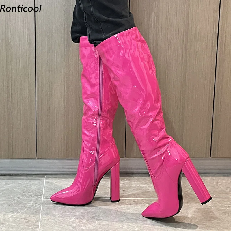 

Ronticool Handmade Women Winter Knee Boots Patent Leather Side Zipper Chunky Heel Pointed Toe Fuchsia Shoes Plus US Size 4-15