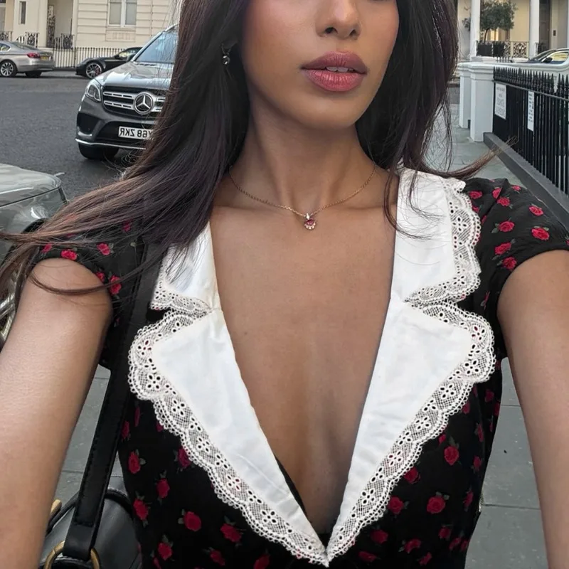 فستان قصير مطبوع عتيق من Talenza أنيق بخصر عالٍ ورقبة على شكل حرف v فستان ضيق مرقع على شكل حرف a Y2k فساتين نسائية صيفية للحفلات