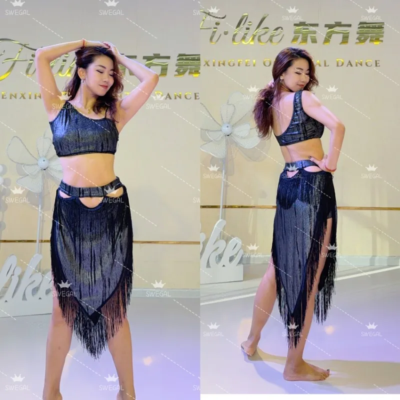 

customized swegal 3-color practice outfit belly dance dress inspired tassel skirt short set hollowed out and sexy clothes Women