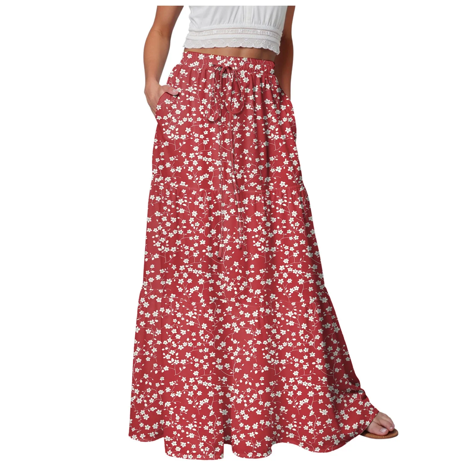 

Women Summer Casual Skirt Stretch High Waist Flowing Swing Boho Beach Skirts With Pocket French Floor Length Long Maxi Skirts