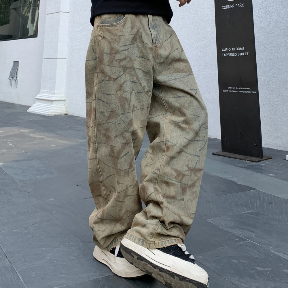 Mens American Streetwear Baggy Jeans Loose Fit High Quality Yellow Mud Dye Distressed Denim Pants Hip Hop Skateboard Stacked
