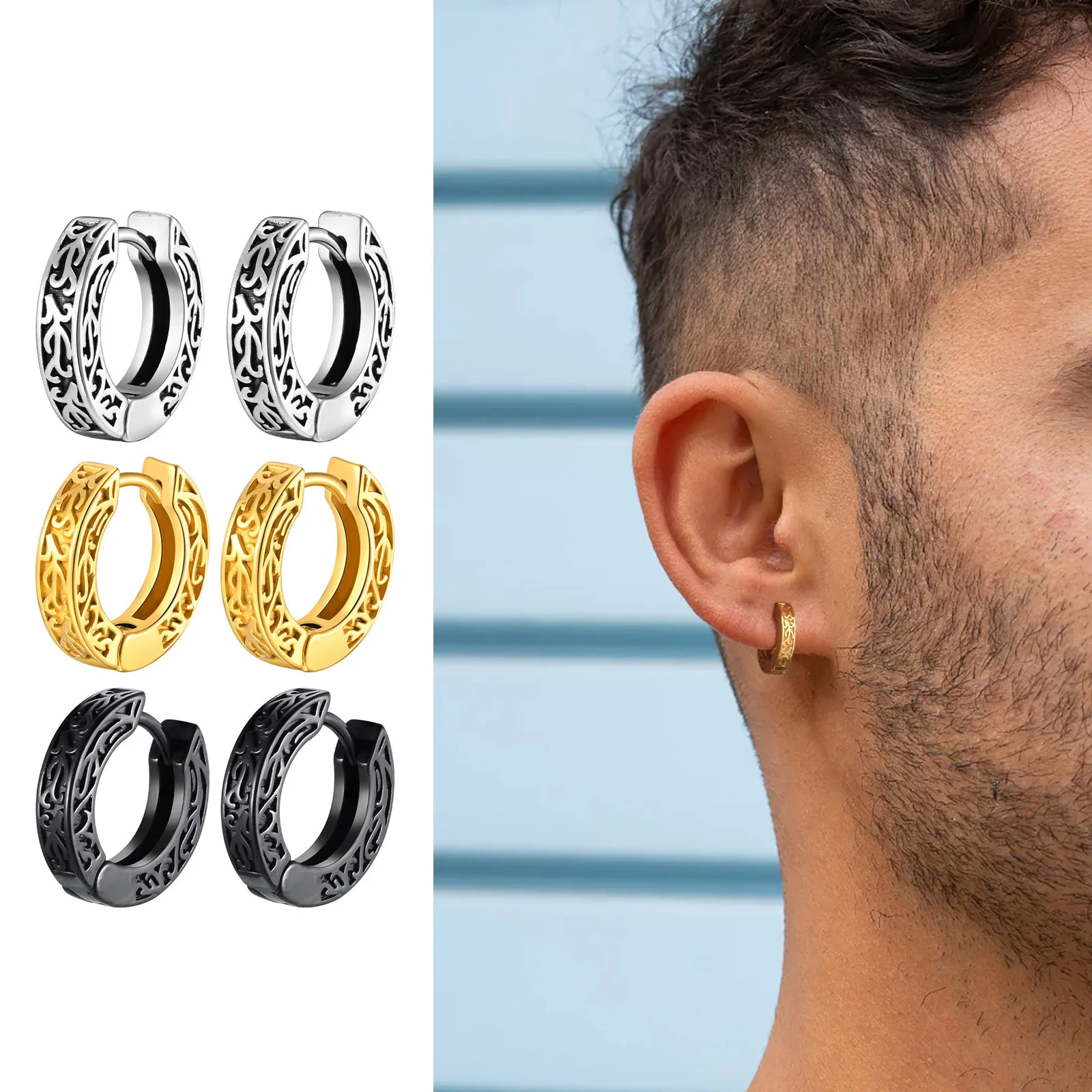 Totem Hoop Earrings for Men Teens,Anit Allergy Stainless Steel Huggies Earrings，Punk Rock Ear Jewelry