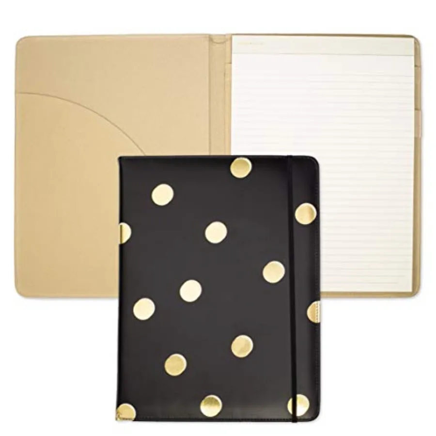 

Black/Gold Leatherette Notepad Folio Professional Padfolio with Lined Writing Pad Interior Pocket and Pen Loop Scatter Dot