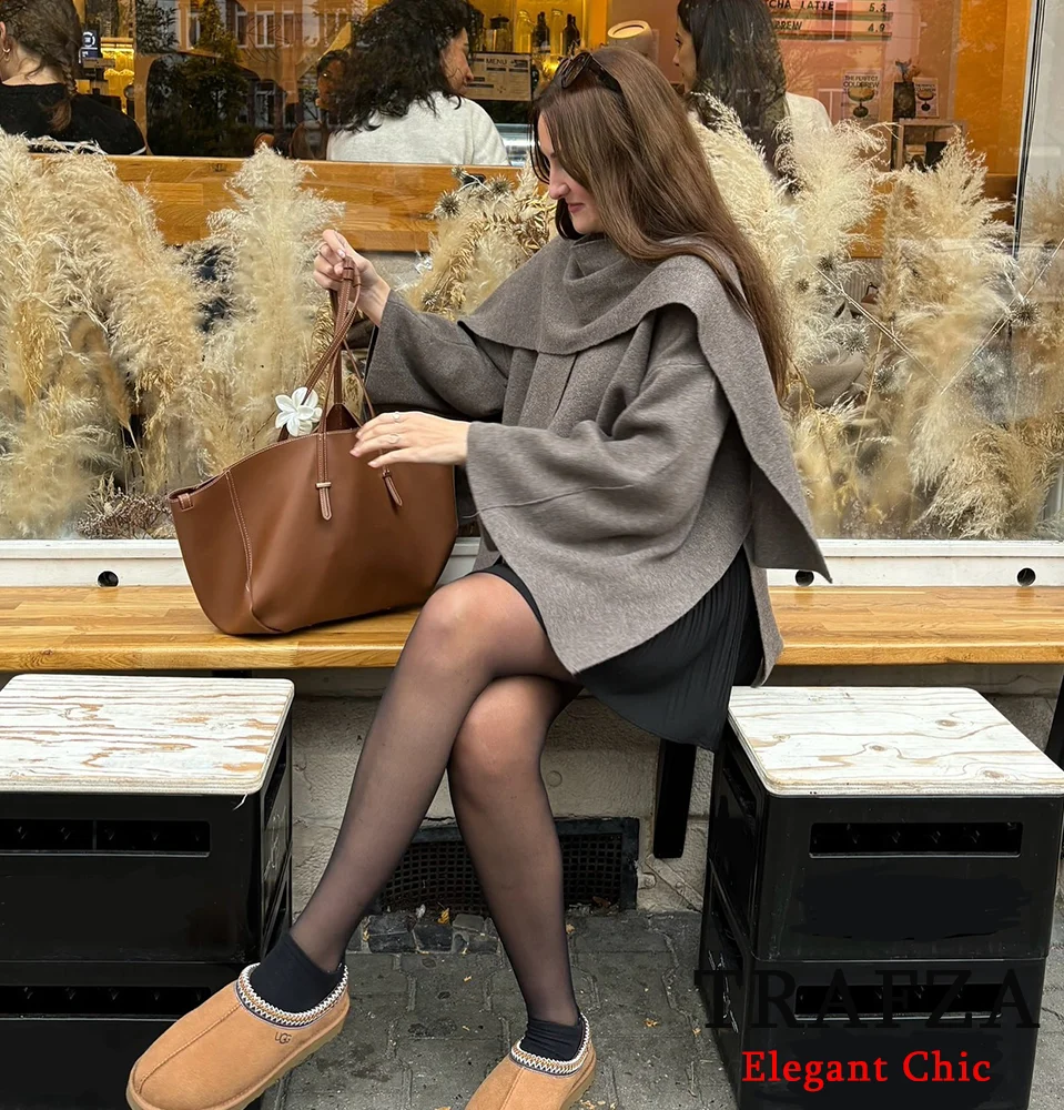 TRAFZA-Women Fall Winter Brown Knitt Loose Sweater Irregularity Scarf Collar Cape Sweater New Elegant High Street Knitted Coat