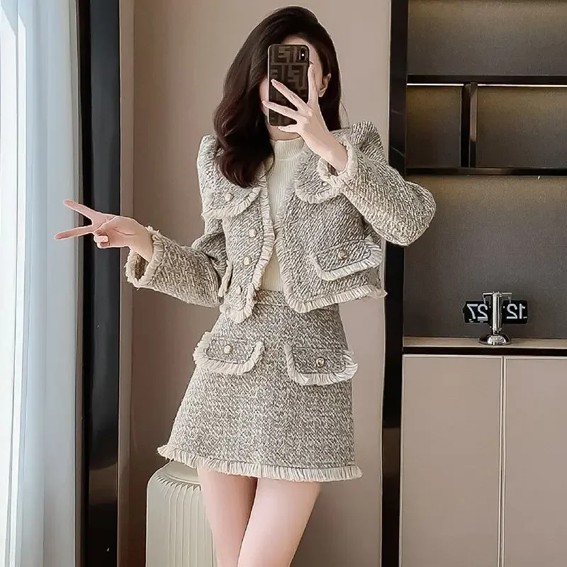 

Insozkdg Elegant Women Suit Tassel Design Sense Tweed Short Coat Women's Autumn Korean Long Sleeve Top Mini Skirt Two-piece Set