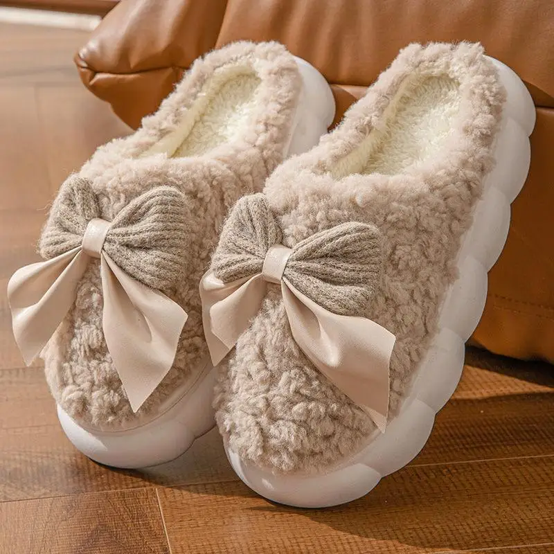 Süße rosa Schleifen-Hausschuhe mit warmem Fell für Damen, Winter, dicke Plattform, flauschig gefütterte Schuhe, rutschfeste Baumwoll-Hausschuhe für drinnen. – Detail 9