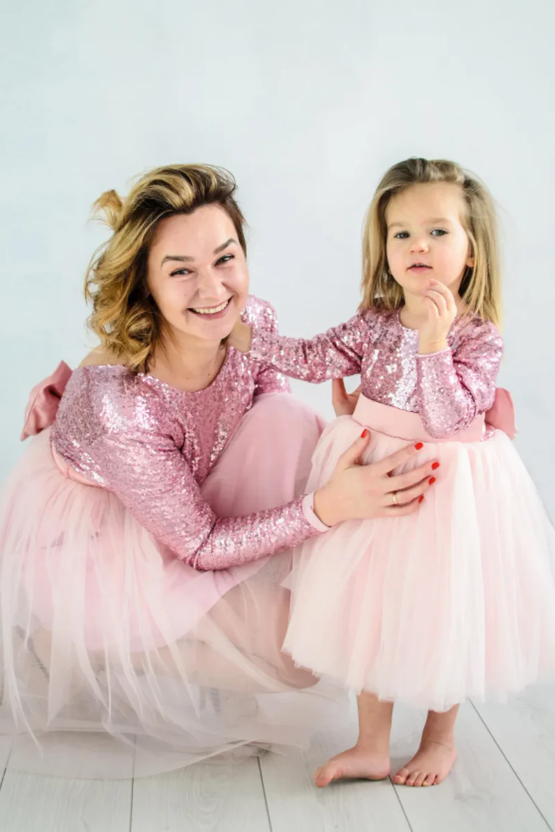 

New Pink Baby Girl Dress A-Line Mother and Daughter Matching Gowns Baby Gowns Full Sleeve Birthday Dress Photoshoot